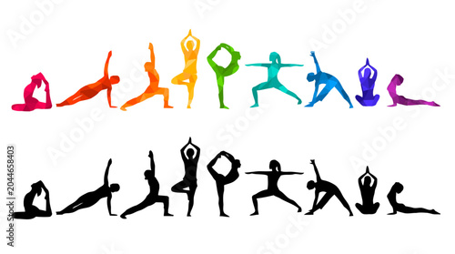 Yoga poses collection with colorful watercolor and black silhouettes