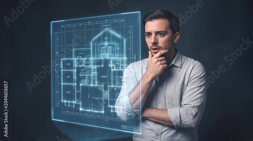 Civil engineer examining holographic house blueprint. Professional architect analyzing digital residential floor plan for construction project.
