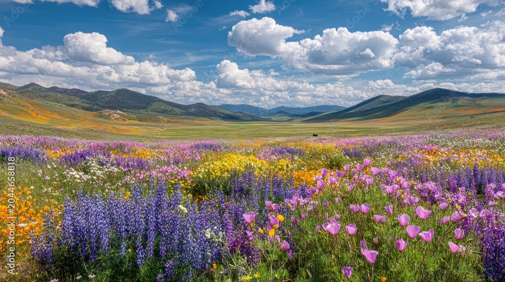 Obraz premium Vibrant wildflower meadow with rolling hills under a blue, cloudy sky