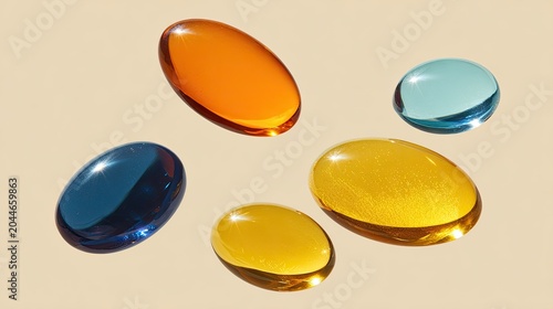 Translucent, colorful, oval-shaped objects suspended against a neutral background