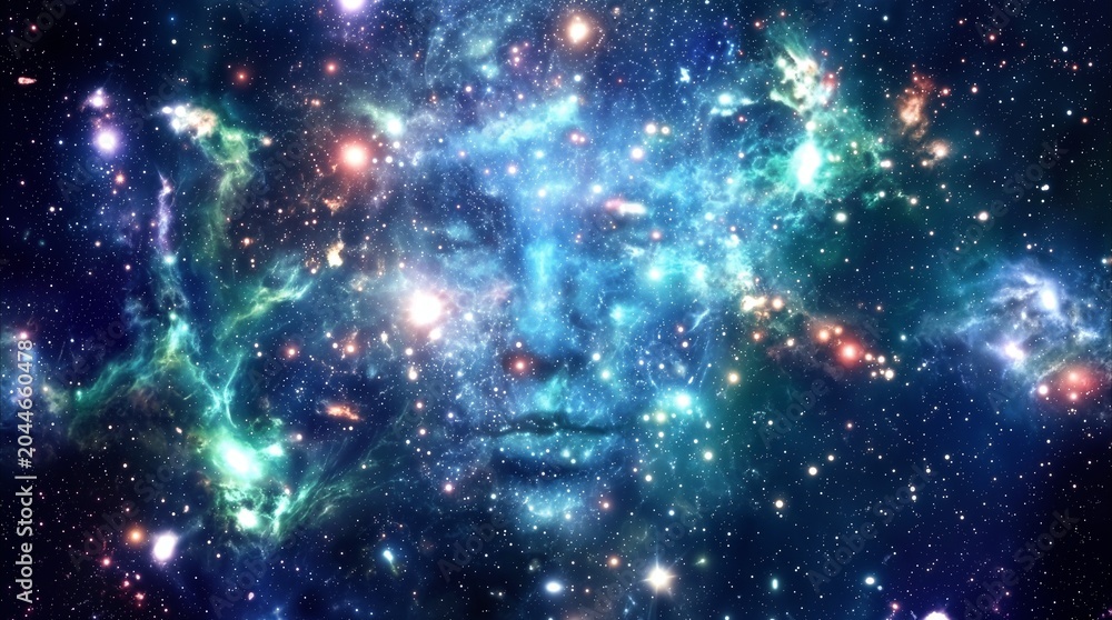 Obraz premium Cosmic face emerging from colorful nebula and star clusters. Ethereal human features formed by interstellar gas and dust in deep space.