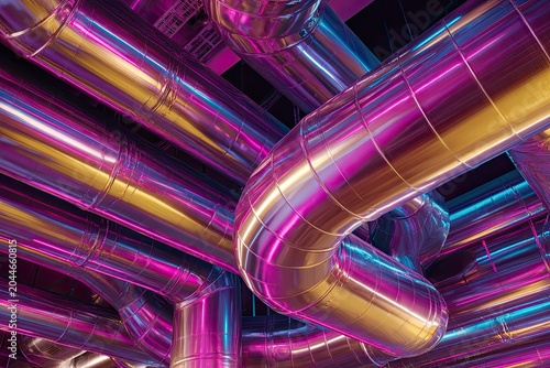 Metallic pipes with vibrant pink and blue neon lighting