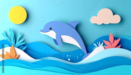 Paper cut summer background with dolphin jumping out of sea waves under yellow sun and cloud with copy space