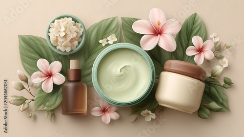 Natural baby cosmetic set with flowers and green leaves, fresh organic wellness atmosphere, soft pastel tones, and gentle skincare product presentation.