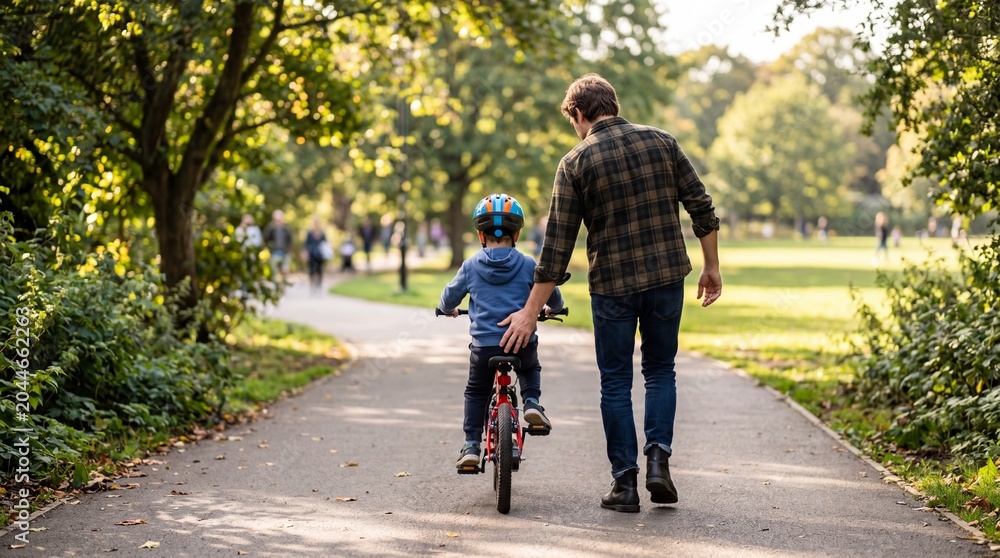 Fototapeta premium Learning to Ride in the Park: A father gently guides his child as they practice riding a bicycle on a park path, surrounded by lush trees and dappled sunlight.