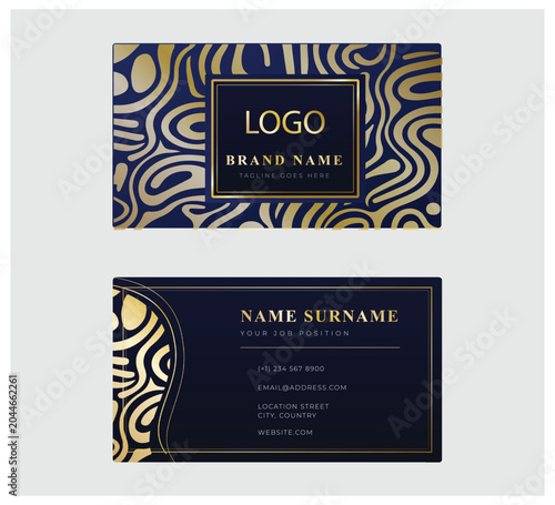  Luxury corporate business card vector template with golden abstract wavy line pattern on dark blue background