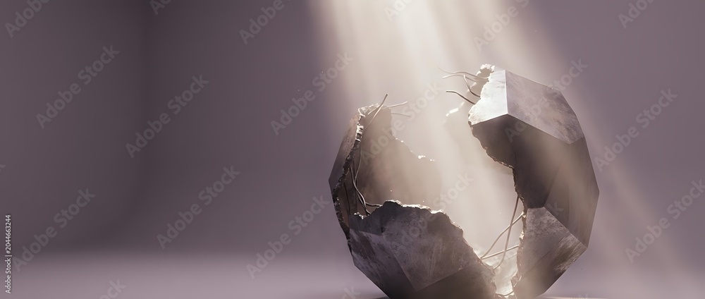 Obraz premium Cracked eggshell with light rays bursting through, symbolizing new beginnings, growth, and emergence for creative projects and inspirational content.