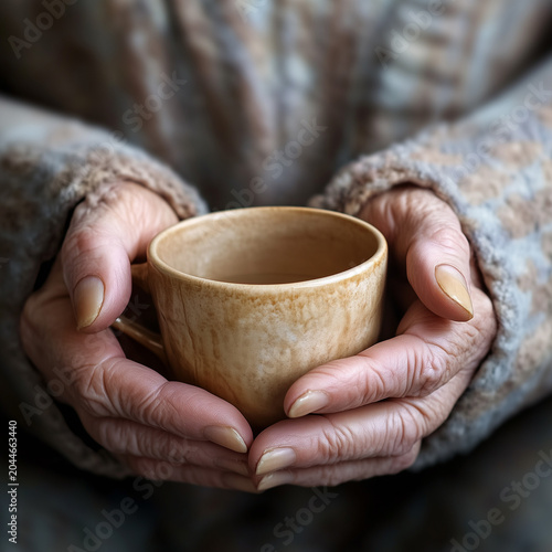 Elderly hands gently holding wooden cup in serene contemplation close-up
