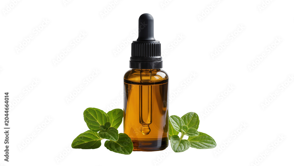 Obraz premium Amber glass dropper bottle with essential oil and fresh mint leaves