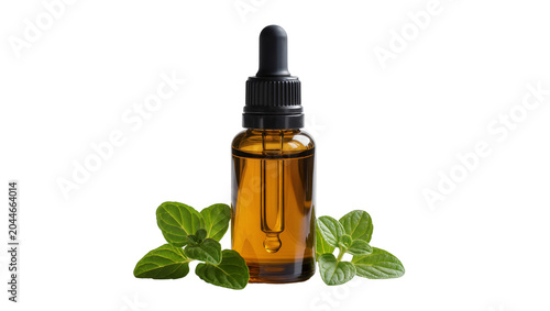 Fotografía Amber glass dropper bottle with essential oil and fresh mint leaves