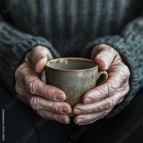 Elderly hands gently cradle ceramic cup in serene contemplative moment