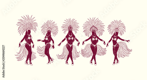 Fotografi Five Brazilian Samba Carnival Dancers Silhouette Wearing Feather Headdresses and