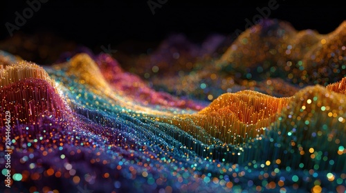 Abstract, colorful, textured landscape with glowing particles