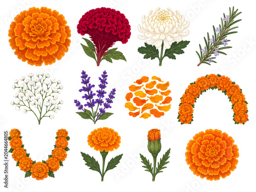 Marigold and ceremonial flower element set featuring orange blooms, garlands, petals, lavender, chrysanthemum, baby’s breath, and rosemary sprigs