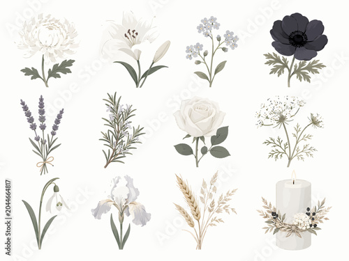 Soft memorial botanical collection with white flowers, lavender, rosemary, wheat, candle arrangement, and muted funeral floral elements