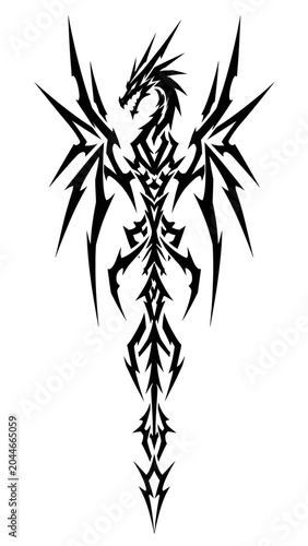 Vertical cyber sigilism dragon tattoo design with sharp black tribal wings, angular body, and aggressive gothic spine composition