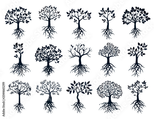 Tree Silhouettes with Roots Collage, Nature Concept