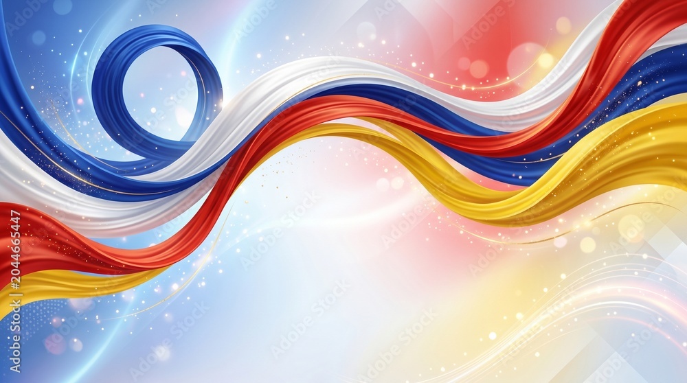Fototapeta premium Modern Malaysia Independence Day template, elegant red, white, blue and yellow color palette inspired by Malaysian national colors, abstract flowing ribbons
