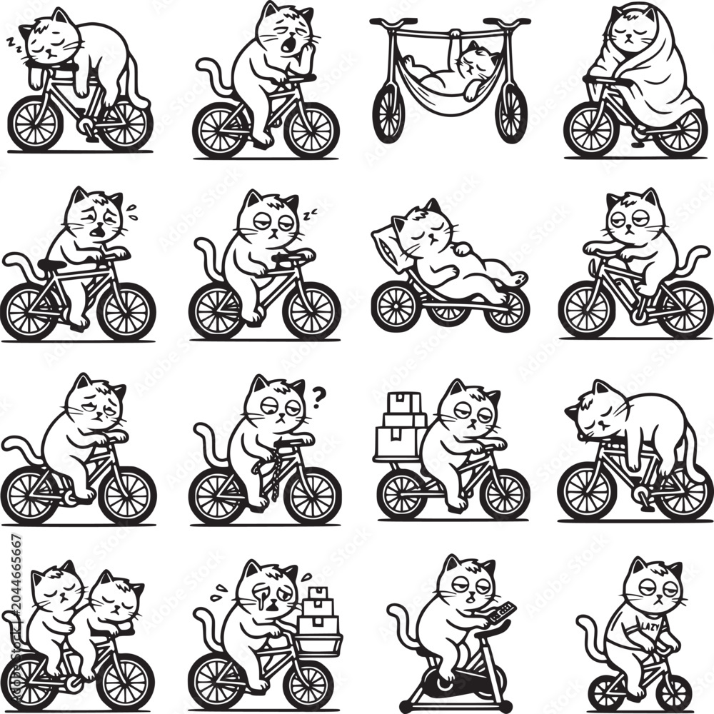 Fototapeta premium Funny cat riding bicycle vector set, 16 tired kitten characters on bikes, black and white line art illustrations for stickers and apparel