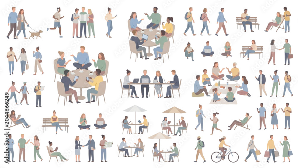 Obraz premium Public Queues and Commuters Vector Set with Flat Scale People Figures Waiting in Lines