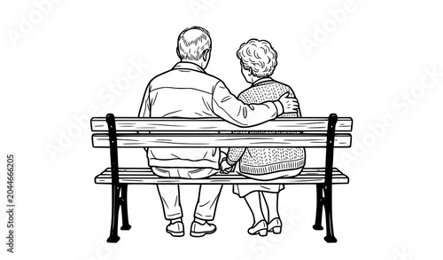 Retired Elderly Couple Sitting on Park Bench Back View Sketch Vector Illustration