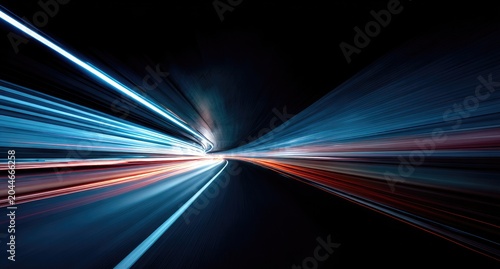 Speeding down a dark tunnel with streaking blue and orange lights