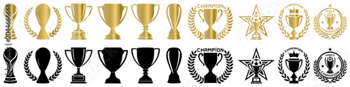 Trophy collection with golden and silver cups in elegant vector design