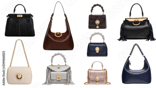 Bild auf Leinwand Collection of eight luxury handbags in various colors and styles