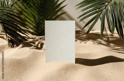 Blank card on sandy beach with palm leaves