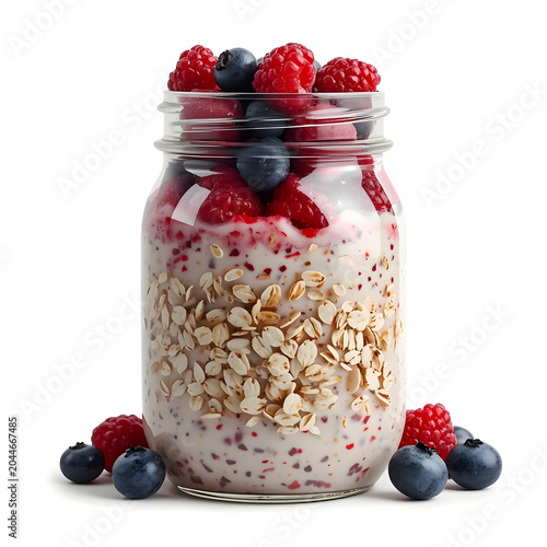 A delicious and healthy breakfast of oatmeal with yogurt and fresh berries in a glass jar