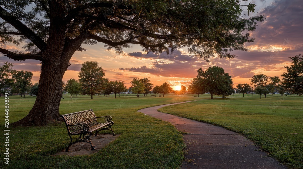 Obraz premium Serene park path at sunset, with a bench under a large tree