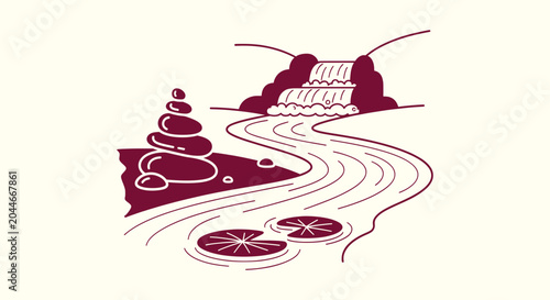 Photography Minimalist Zen Landscape Illustration with a Tiered Waterfall River and Stacked Stones Cairn Art