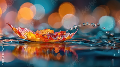 Autumn leaf floats on rippling water, scattering dewdrop pearls