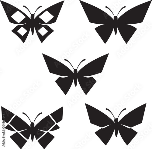 Set of black geometric butterfly silhouettes on white background, abstract minimalist butterfly icon design vector elements