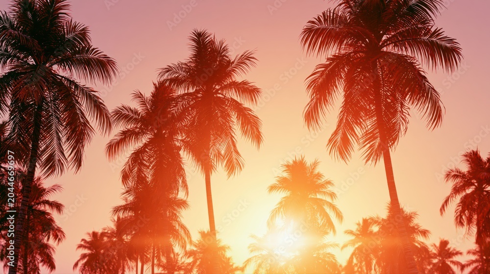 Obraz premium Palm Tree Silhouettes Against Glowing Tropical Sunset Sky