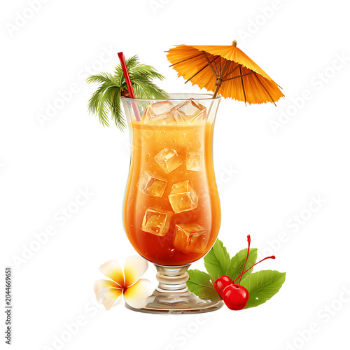 Tropical Hurricane Cocktail Ice Straw Palm Isolated On Transparent Background