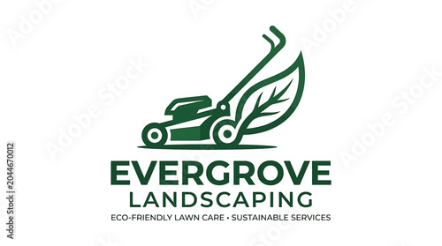 Evergrove landscaping logo with green lawnmower leaf icon indicates sustainable lawn care services for businesses in need of branding.