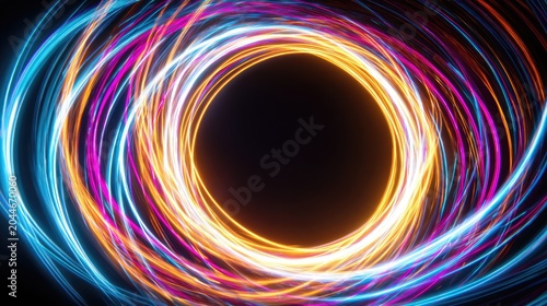 Swirling abstract light trails form a vibrant, glowing circular vortex