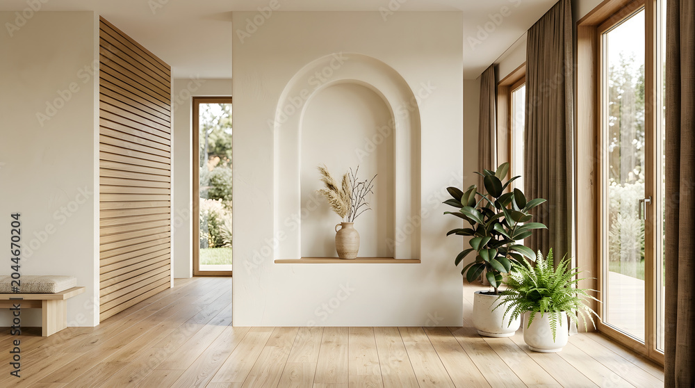 Fototapeta premium Interior Nook with Natural Light: A serene interior space featuring a minimalist arched alcove, wooden slat wall, and large windows offering views of lush greenery.