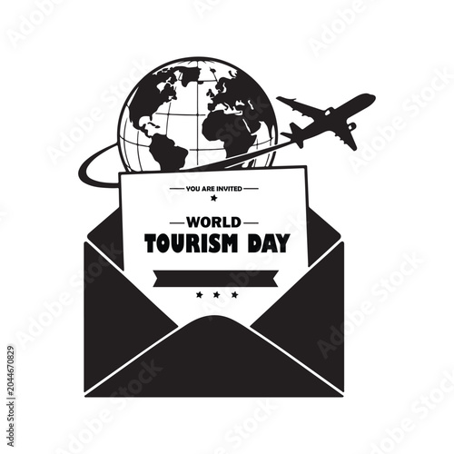 World Tourism Day invitation envelope with airplane and globe silhouette vector illustration