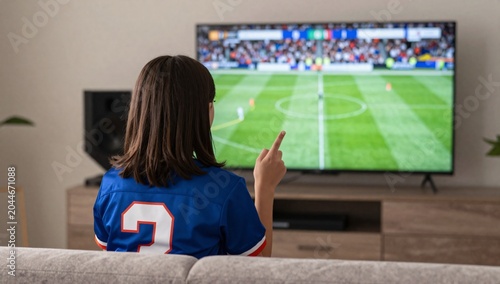 Girl watching a football match at home with excitement and support for her team