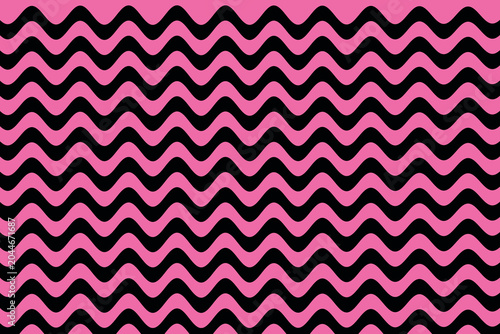 Abstract Hot Pink color and Black color wave pattern background. Abstract horizontal zig zag texture. Distorted chevron. Classic pattern.