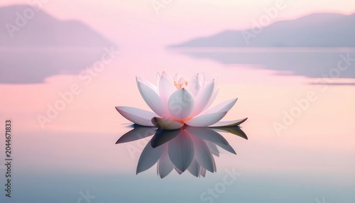 Serene Lotus Flower Floating on Calm Water at Sunrise.