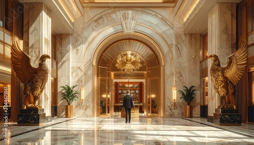 Grand Hotel Lobby with Eagle Statues and Ornate Chandelier.