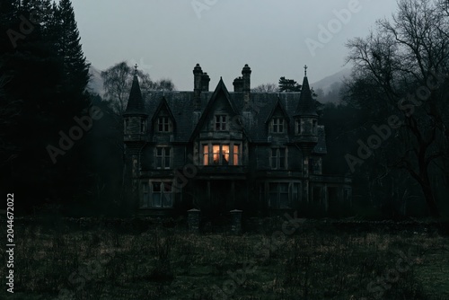 Abandoned Gothic Manor House at Twilight with Warm Window Light