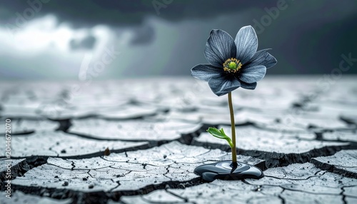 A lone flower blooms in the cracked earth under a stormy sky.