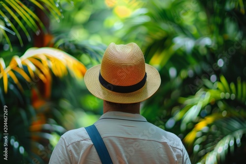 Tourist wearing panama hat exploring lush green tropical rainforest jungle