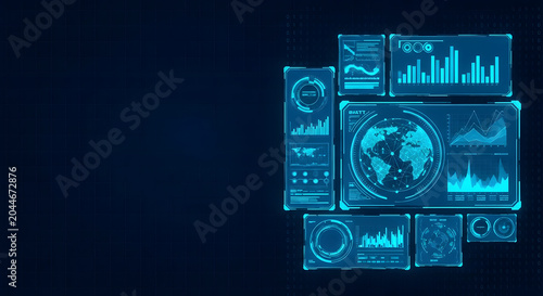 Futuristic Data Display: A dynamic digital interface showcases real-time data visualization, featuring interactive charts, graphs, and a globe illustration against a dark, high-tech backdrop.