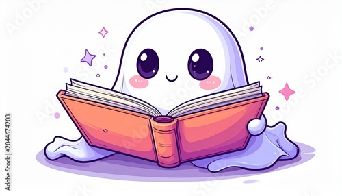 Charming pastel illustration of a friendly little ghost engrossed in an oversized book, radiating a cozy and whimsical reading vibe, perfect for educational and playful designs