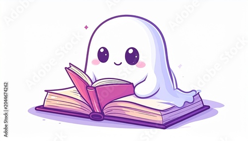 Adorable cartoon ghost joyfully reading an open book with a sweet smile, featuring a soft pastel aesthetic and whimsical charm, ideal for kids' stories and educational themes